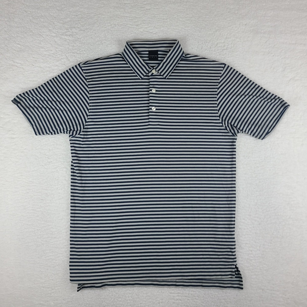 Dunning Golf Polo Shirt Mens Large Navy Gray Striped Performance Short Sleeve